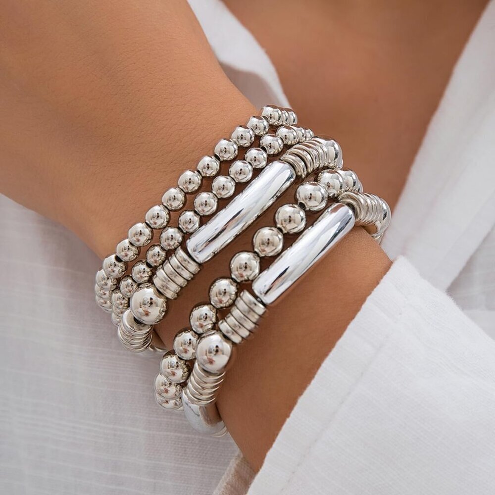 5pcs Layered Beaded Bracelets Set for Women Dainty Stretch Elastic Round Ball Be - Picture 3 of 6